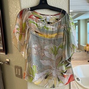 Diane von Furstenberg Cream and Coral Ruched Flutter Sleeve Blouse